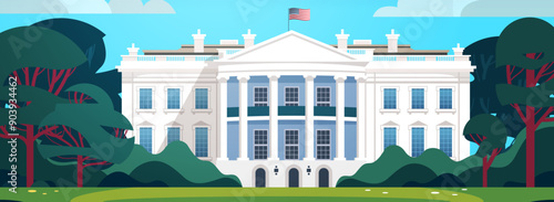 White House USA presidential election government building surrounded by trees blue sky American flag front view digital art