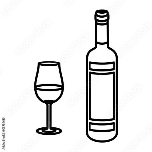 Malbec wine bottle and glasses, isolated on a background of transparency. Illustration of alcohol glass icon. Simple outline and design elements. Party of cabernet, merlot, red wine, and chardonnay