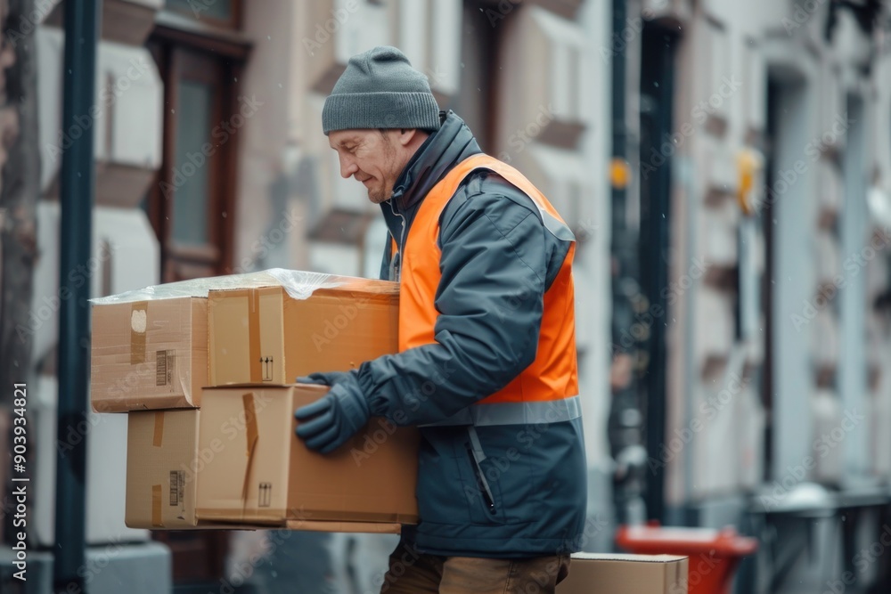 Transport worker boxes. Worker moving around boxes for transport Transport worker boxes. Worker moving around boxes for transport