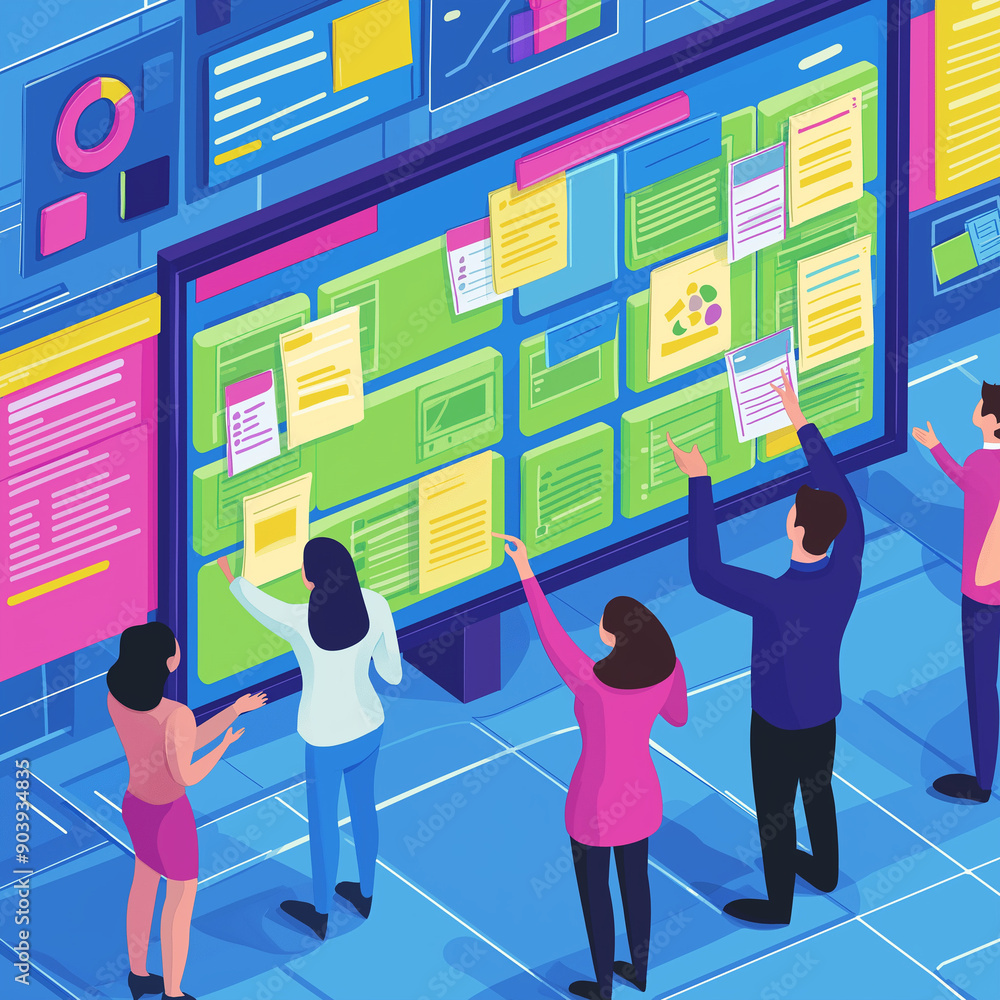 Agile Scrum team in action, gathered around a colorful Scrum board filled with sticky notes and task cards. Agile Scrum team in action, gathered around a colorful Scrum board filled with sticky notes and task cards.
