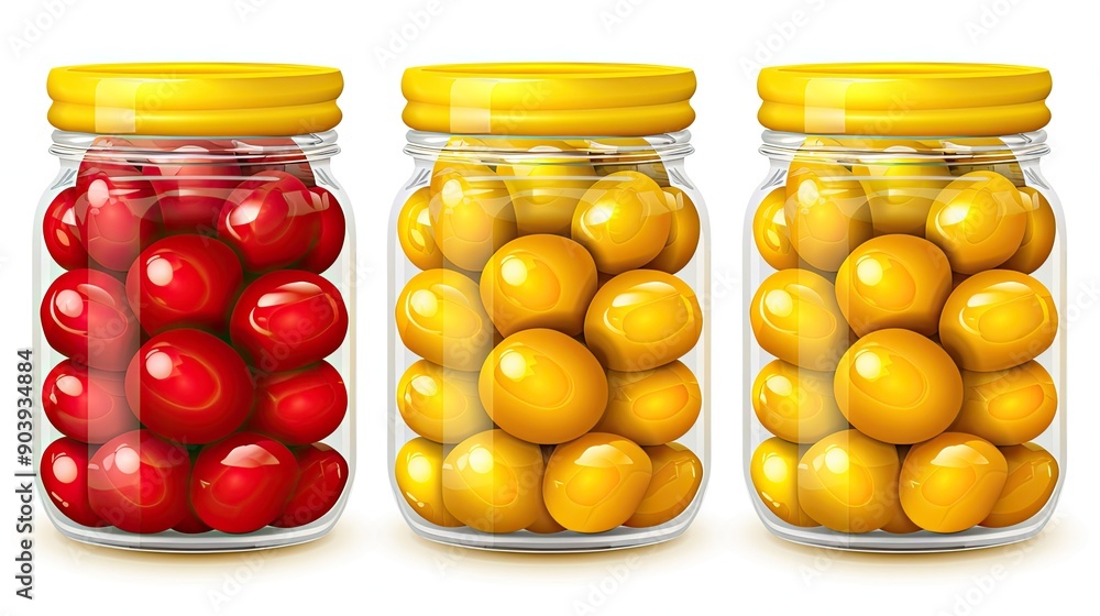 Colorful Glass Jars Filled With Red and Yellow Candies on Display Colorful Glass Jars Filled With Red and Yellow Candies on Display