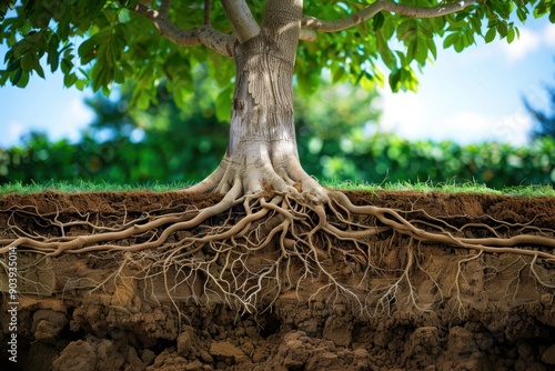 Fototapeta Tree structure with root system going deep into the ground, soil cross, absorption system water
