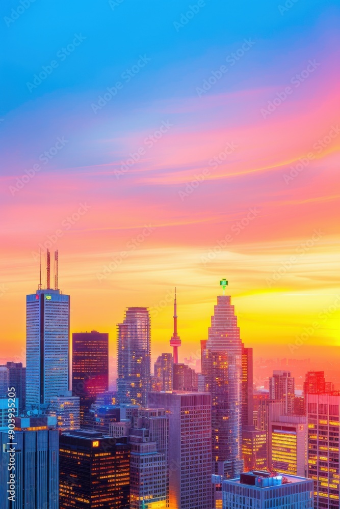 Fototapeta premium Colorful sunset over city skyline with skyscrapers