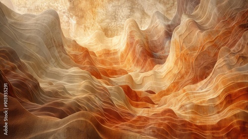 Abstract landscape with swirling, warm colors.