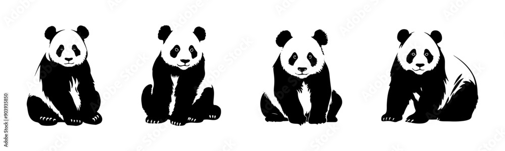 Naklejka premium Black panda silhouette cutout. Set of panda animal silhouette on transparent background