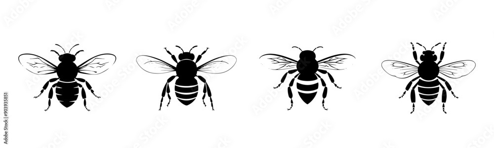 Black bee silhouette cutout. Set of bee insect silhouette on transparent background Black bee silhouette cutout. Set of bee insect silhouette on transparent background