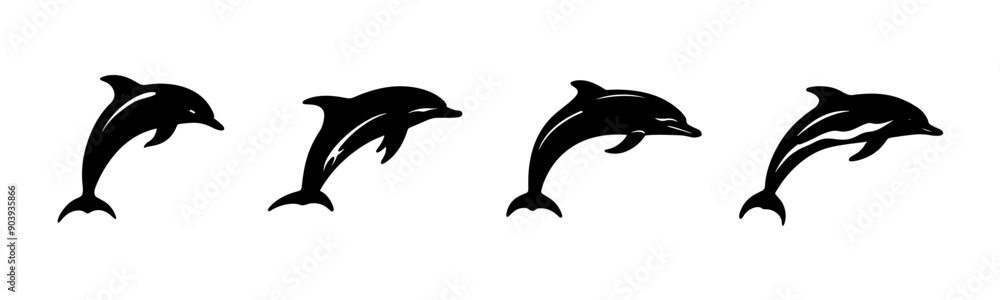 Fototapeta premium Black dolphin silhouette cutout. Set of dolphin animal silhouette on transparent background