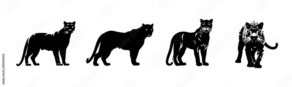 Black cheetah silhouette cutout. Set of panther animal silhouette on transparent background Black cheetah silhouette cutout. Set of panther animal silhouette on transparent background