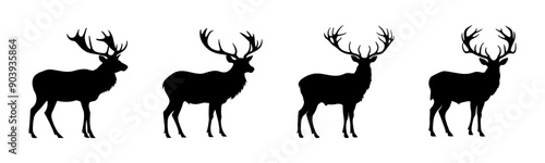 Black deer silhouette cutout. Set of elk animal silhouette on transparent background