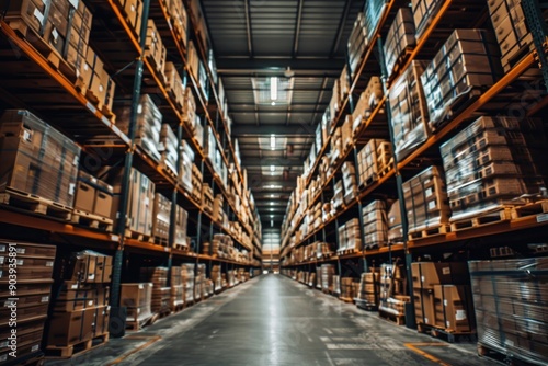 Warehouse with high shelves filled with goods stored on big industrial shelves. Industrial shipment center © Igor