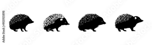 Black hedgehog silhouette cutout. Set of hedgehog animal silhouette on transparent background