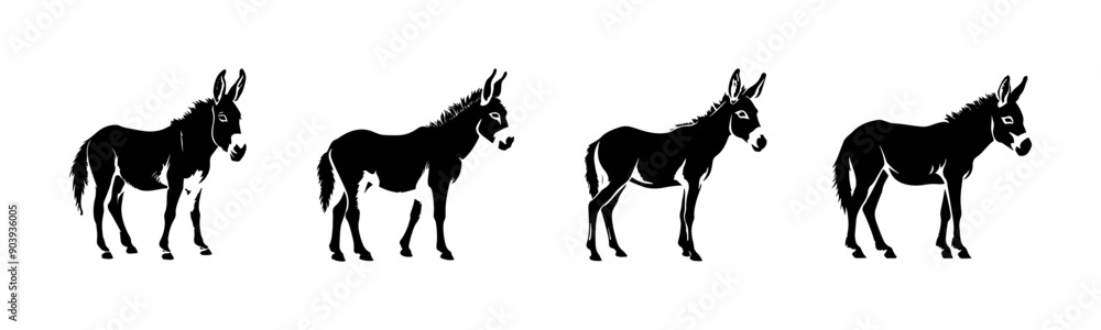 Black donkey silhouette cutout. Set of donkey animal silhouette on transparent background Black donkey silhouette cutout. Set of donkey animal silhouette on transparent background
