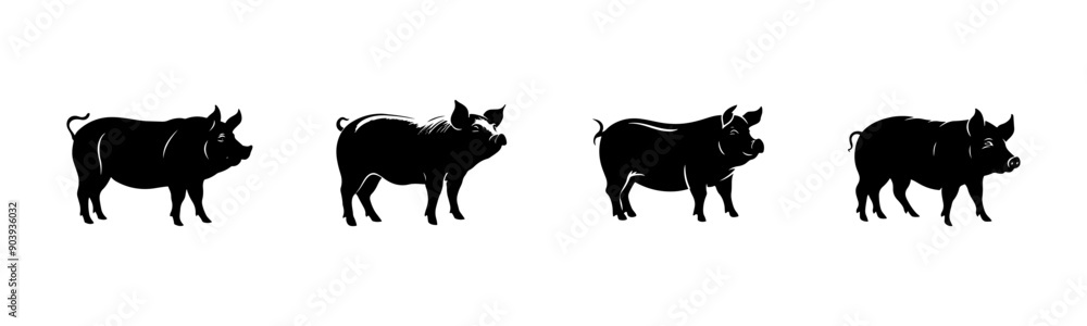Black pig silhouette cutout. Set of pig animal silhouette on transparent background Black pig silhouette cutout. Set of pig animal silhouette on transparent background