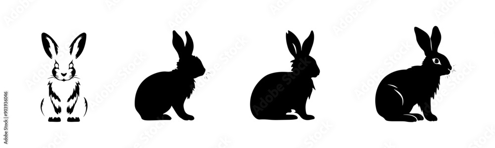 Black rabbit silhouette cutout. Set of rabbit animal silhouette on transparent background Black rabbit silhouette cutout. Set of rabbit animal silhouette on transparent background