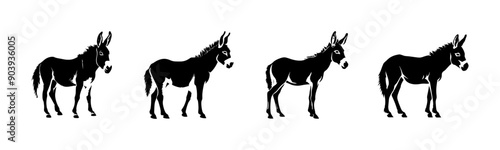 Black donkey silhouette cutout. Set of donkey animal silhouette on transparent background