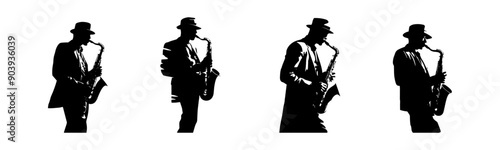 Jazzman silhouette. Set of black jazz man on transparent background