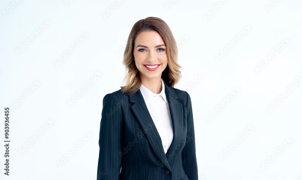 Lifestyle portrait video of a grinning woman in her 30s that is wearing a sleek suit against a white background Lifestyle portrait video of a grinning woman in her 30s that is wearing a sleek suit against a white background