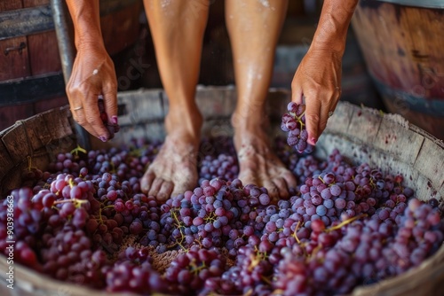 Woman legs Crushing Red Grapes with Feet for Traditional Wine Making