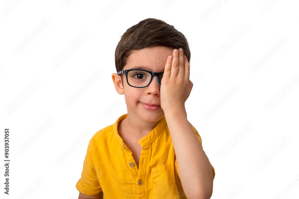 Portrait of little boy in glasses reviewing eyesight. Kid with eyeglasses close one eye with hand to chech vision in front of white background. Vision testing concept. Lazy eye, amblyopia, strabismus. Portrait of little boy in glasses reviewing eyesight. Kid with eyeglasses close one eye with hand to chech vision in front of white background. Vision testing concept. Lazy eye, amblyopia, strabismus.