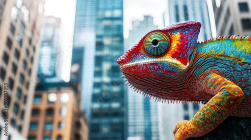 Obraz Colorful chameleon on blurry background