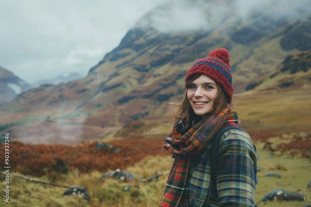 Naklejka premium Woman traveling in Scottish highlands. Happy young traveler exploring in nature