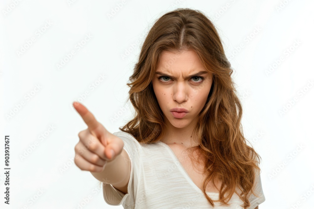 woman with angry expression looking at camera and pointing with index finger in accusatory way Isolated woman with angry expression looking at camera and pointing with index finger in accusatory way Isolated