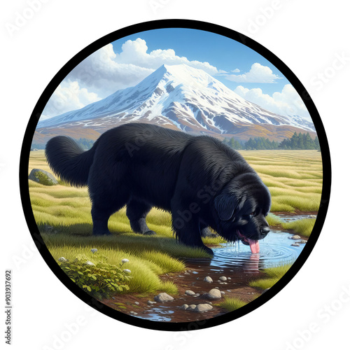 A circular 3D rendered watercolor painting of a Newfoundland dog, isolated on a transparent background photo