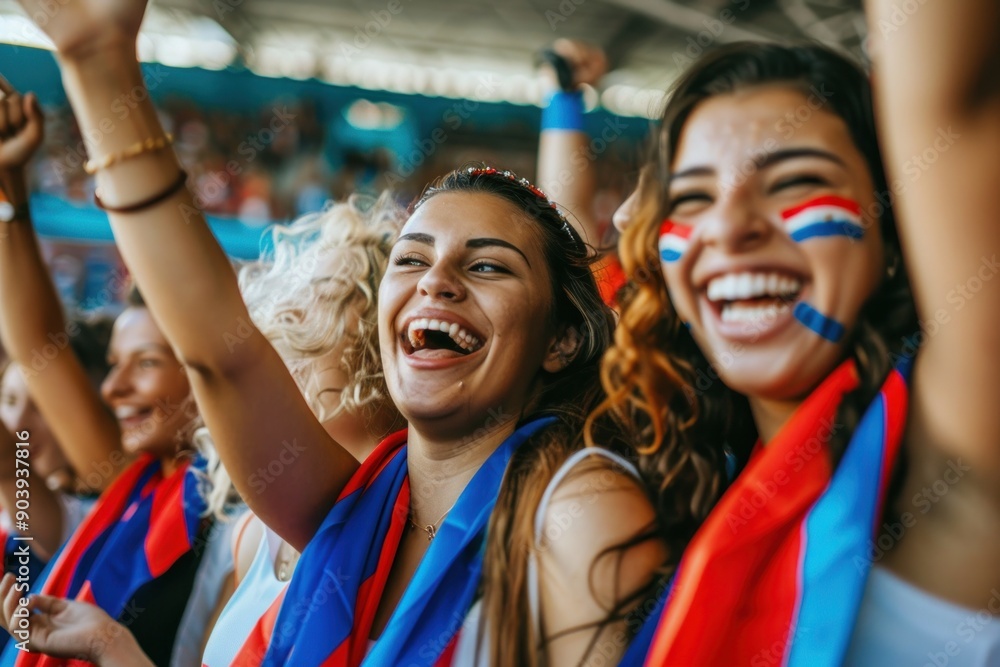 Women's football fans having fun cheering their favorite team Soccer sport entertainment concept Women's football fans having fun cheering their favorite team Soccer sport entertainment concept