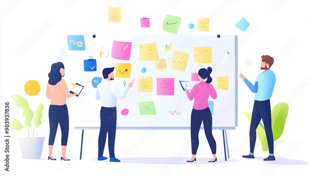 Collaborative Brainstorming Session: Team in Action with Idea Boards and Sticky Notes, Collaborative Brainstorming Session: Team in Action with Idea Boards and Sticky Notes,