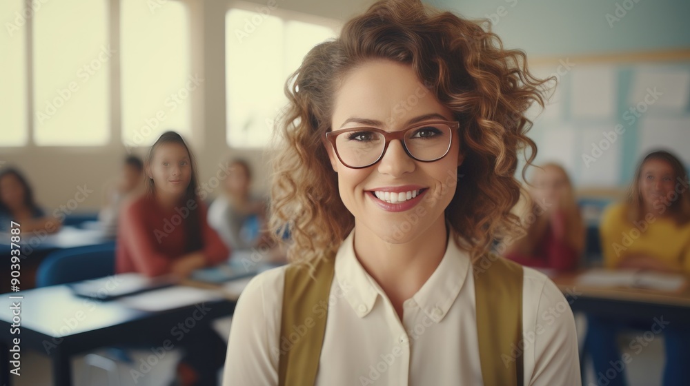 Fototapeta premium Cheerful female teacher with glasses and curly hair smiles at the camera. Students are seated in the background. Perfect for illustrating warmth, friendliness, and education in a classroom setting
