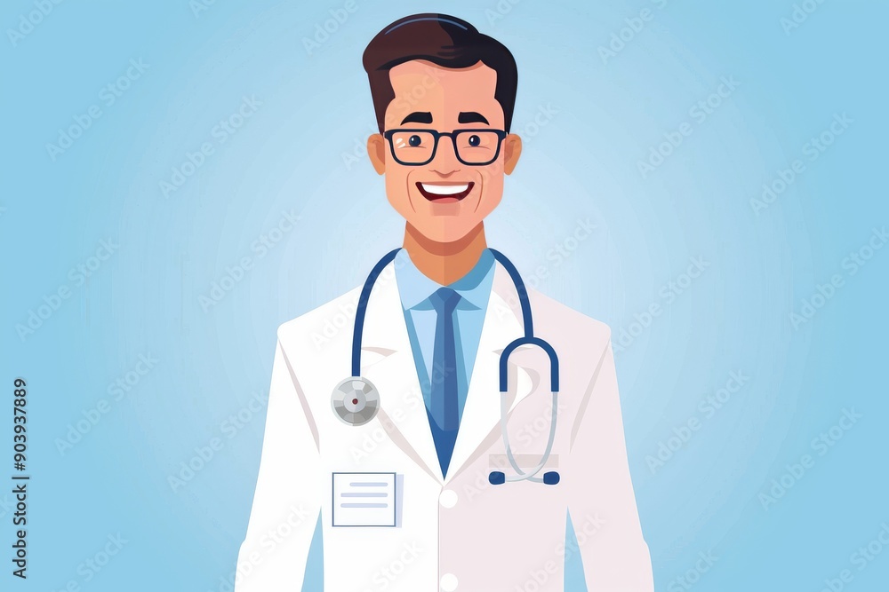 Smiling male doctor illustration with a stethoscope representing medical expertise patient care and professional healthcare services in a welcoming and friendly healthcare environment. Smiling male doctor illustration with a stethoscope representing medical expertise patient care and professional healthcare services in a welcoming and friendly healthcare environment.