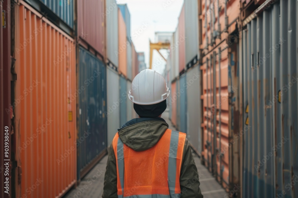 Worker in container port terminal. Worker in protective helmet and reflective vest walking through big storage Worker in container port terminal. Worker in protective helmet and reflective vest walking through big storage