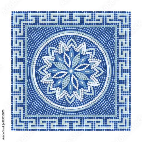 Classic mosaic pattern in blue colors in a roman style. For ceramics, tiles, ornaments, backgrounds and other projects.