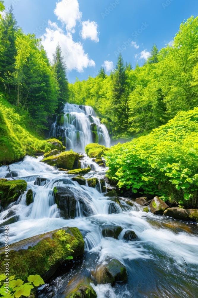 Majestic waterfall cascading down rocky terrain into forest pool Majestic waterfall cascading down rocky terrain into forest pool