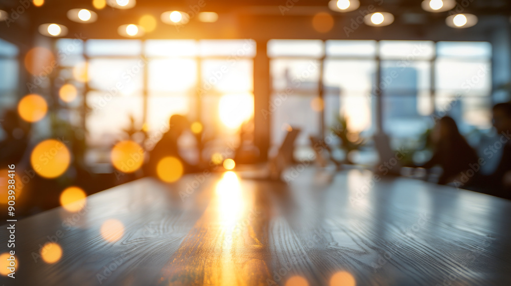 Wooden Table with Bokeh Lights and Sunset View Wooden Table with Bokeh Lights and Sunset View