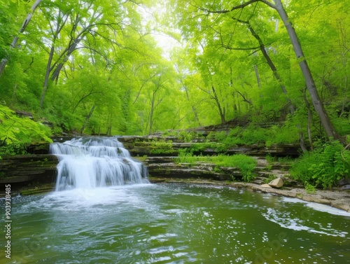 Peaceful river flowing through lush green forest with waterfall