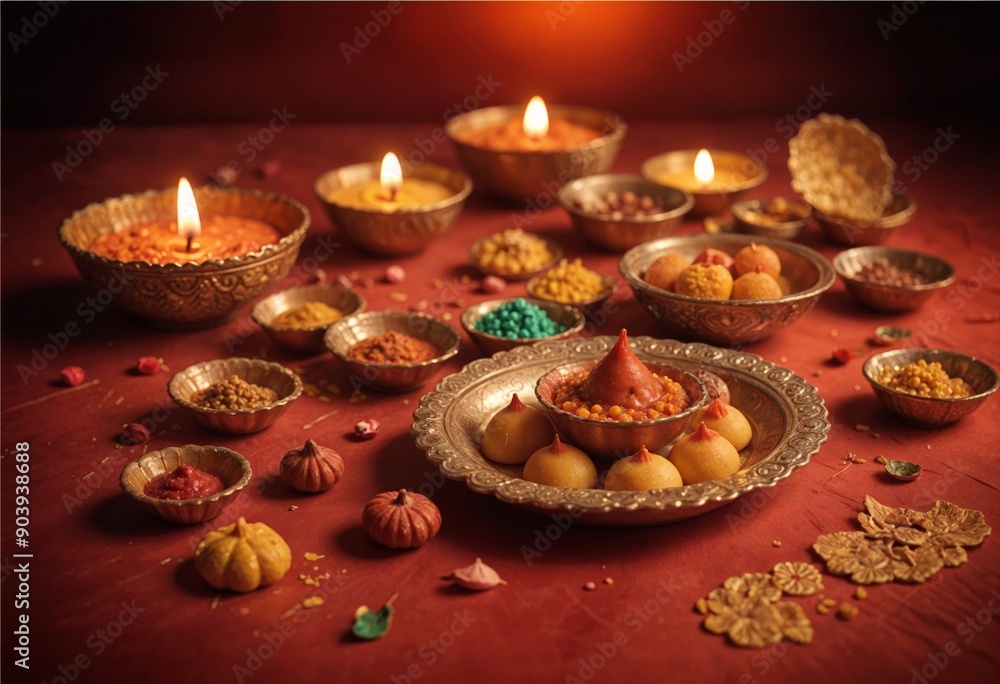Fototapeta premium diwali diya is lit up next to traditional diwali sweets and diwali elements on red table