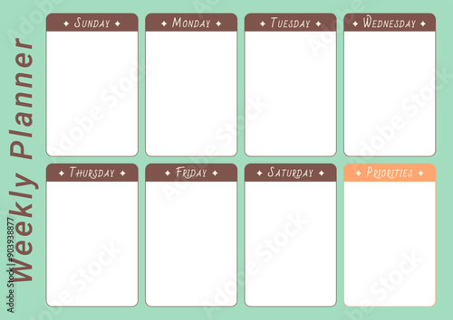 Weekly personal planner with space for a schedule by days of the week, priorities. Horizontal A4 page
