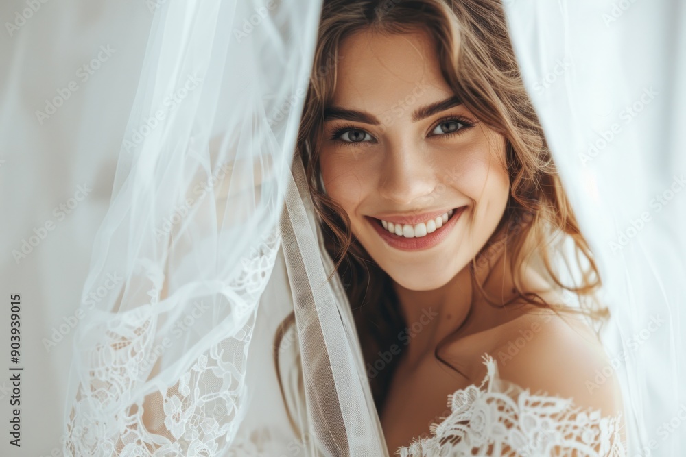 young girl trying on wedding dress. Happy bride excited smile for wedding, happiness and marriage young girl trying on wedding dress. Happy bride excited smile for wedding, happiness and marriage