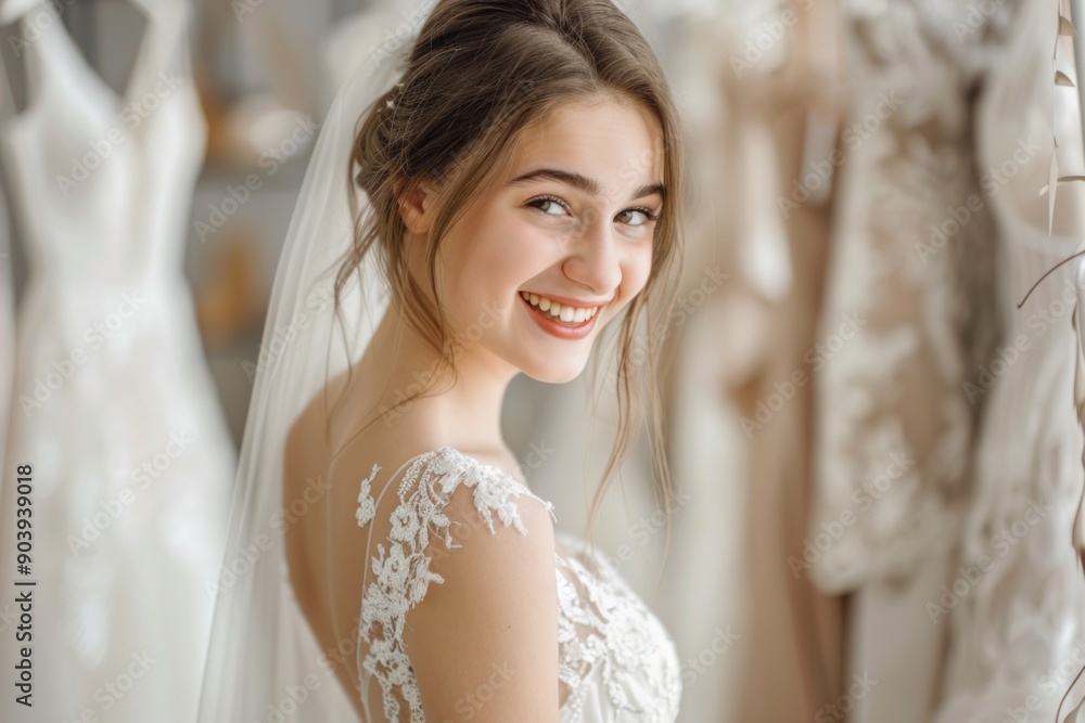 young girl trying on wedding dress. Happy bride excited smile for wedding, happiness and marriage young girl trying on wedding dress. Happy bride excited smile for wedding, happiness and marriage