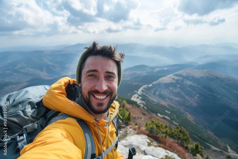 Young hiker man taking a selfie portrait on the top of mountain. Happy young athletic man on adventure Young hiker man taking a selfie portrait on the top of mountain. Happy young athletic man on adventure