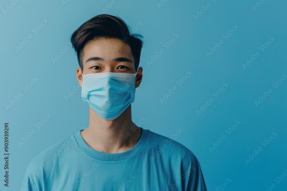 Young Man Wearing Face Mask on Blue Background for Health Safety Concept Young Man Wearing Face Mask on Blue Background for Health Safety Concept