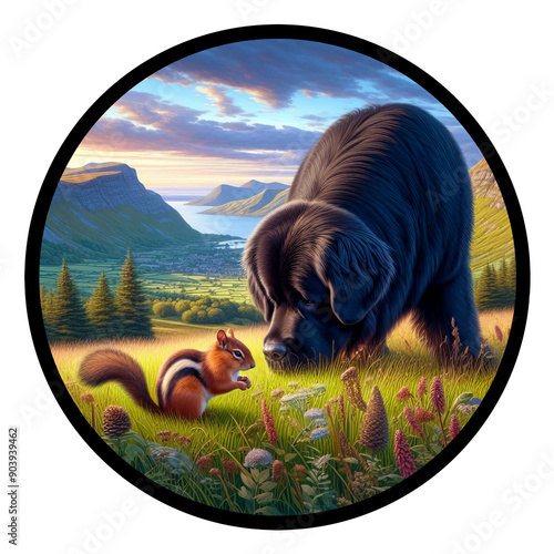 A circular 3D rendered watercolor painting of a Newfoundland dog, isolated on a transparent background photo