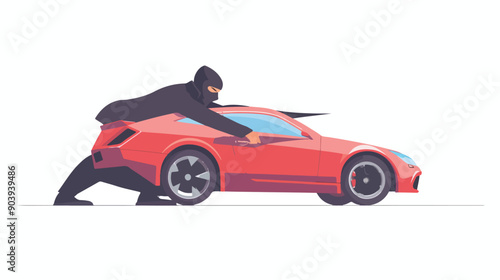 Thief in Black Mask Stealing Red Car - Concept of Vandalism
