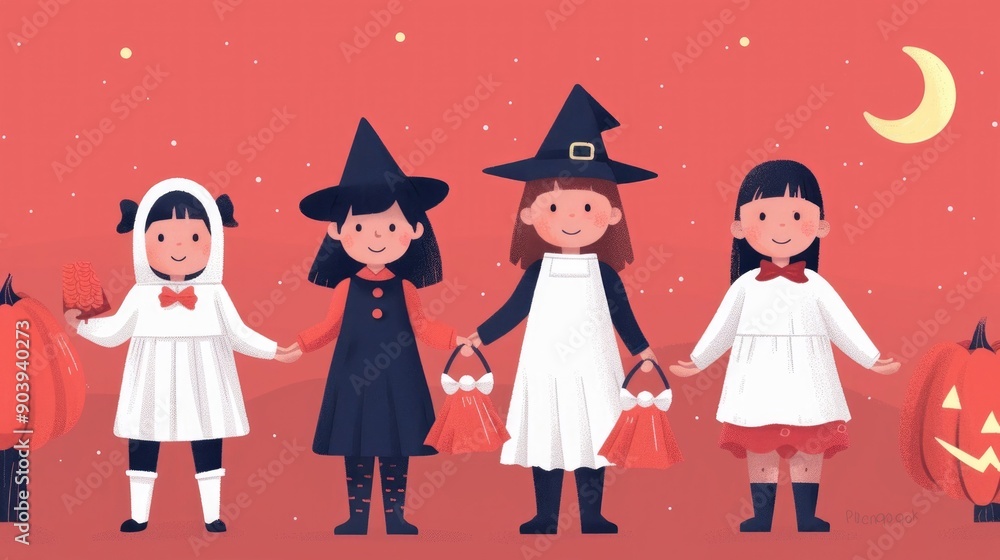 Adorable trick or treating kids dressed up in various Halloween costumes like witch ghost and more holding bags of candy while walking under the night sky with a crescent moon and pumpkins Adorable trick or treating kids dressed up in various Halloween costumes like witch ghost and more holding bags of candy while walking under the night sky with a crescent moon and pumpkins