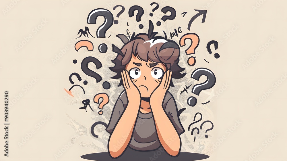 Cartoon character overwhelmed by question marks and exclamation marks