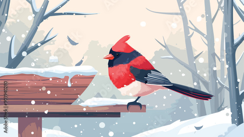 Exquisite Winter Scene with Stunning Red and Black Bird