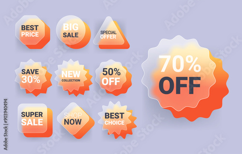 Set of different sale labels in glass morphism style. Discount badges illustration