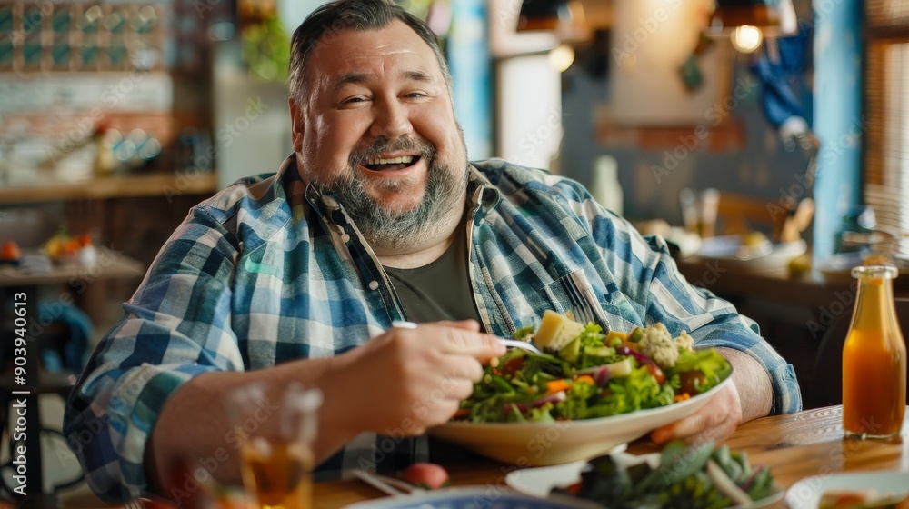 Fat person enjoying a fresh salad at a healthy eatery, looking satisfied Fat person enjoying a fresh salad at a healthy eatery, looking satisfied