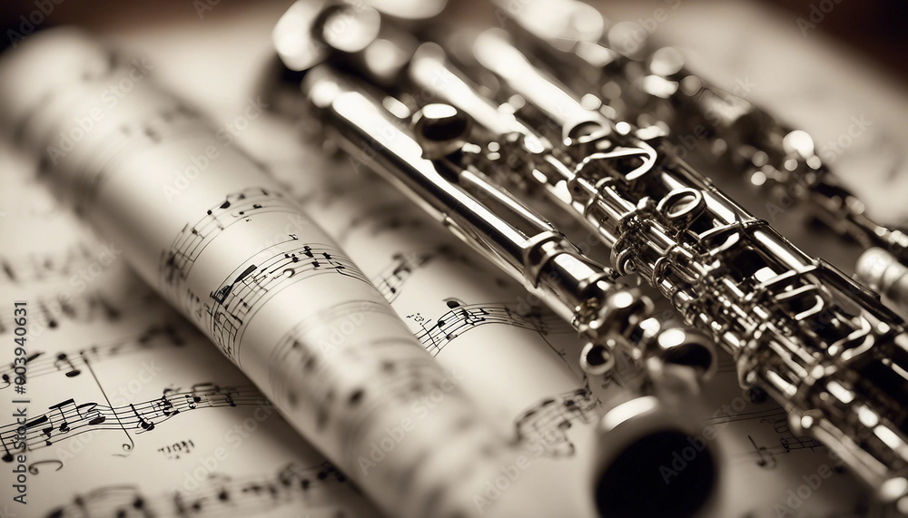 Fototapeta premium Clarinet placed on a sheet of music with soft, ambient lighting highlighting the instrument's details 